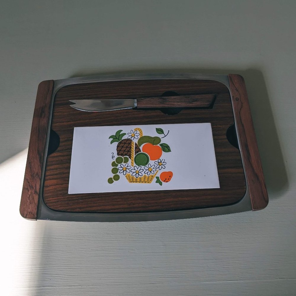 VTG 1960s MCM Ceramic Tile Cheese Tray Cutting Board w/ Knife